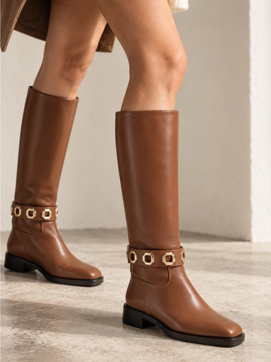 Larroude Shoes - Larroudé Milan Flat Boots Caramel Leather Gold Hardware Knee High NIB